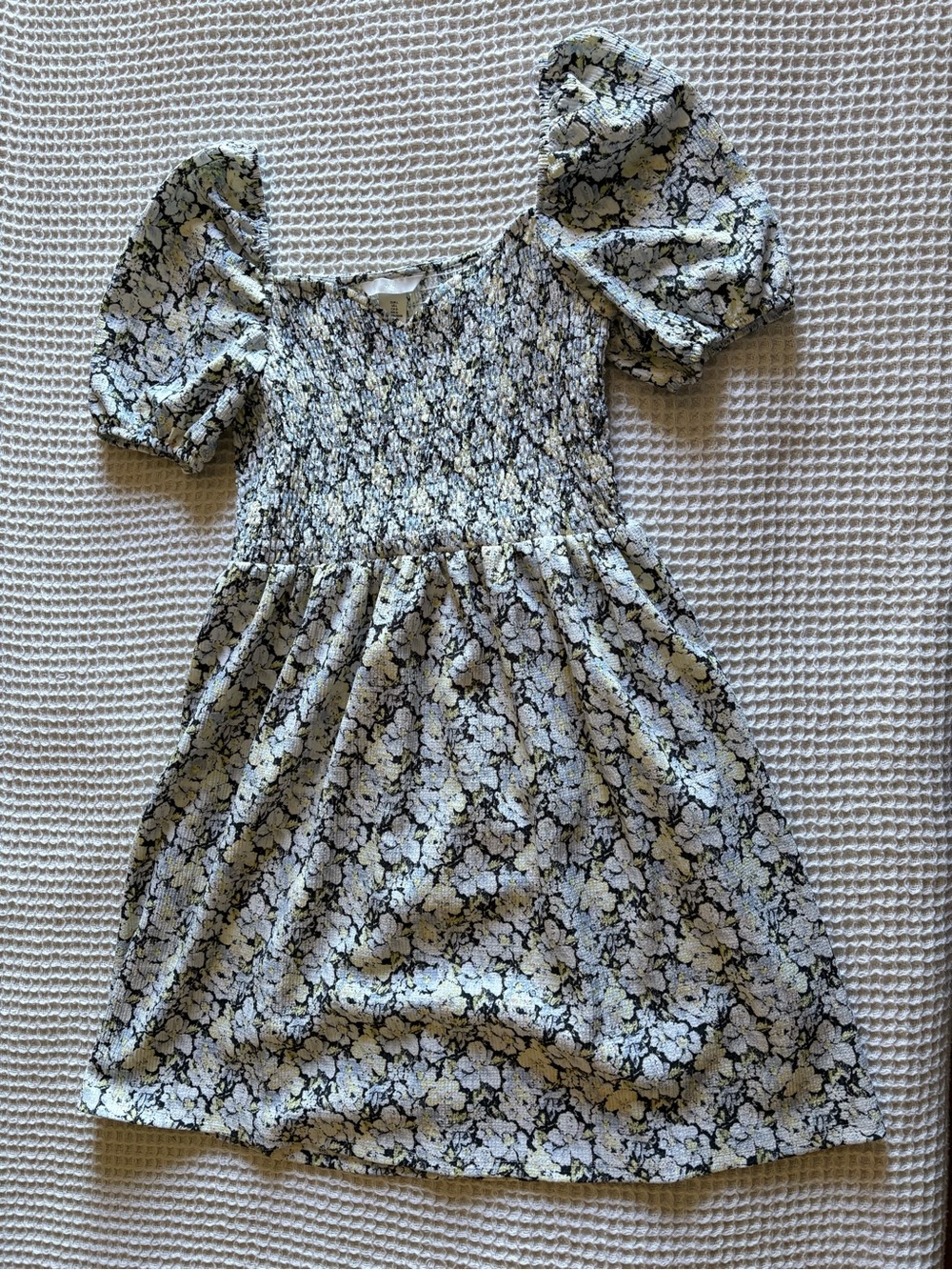 H&M Floral Puff-Sleeve Mini Dress in Cream, Black, and Yellow